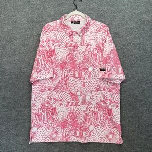 Yatta‎ Golf Polo Shirt Men XL Pink Tropical Island Print Performance Stretch